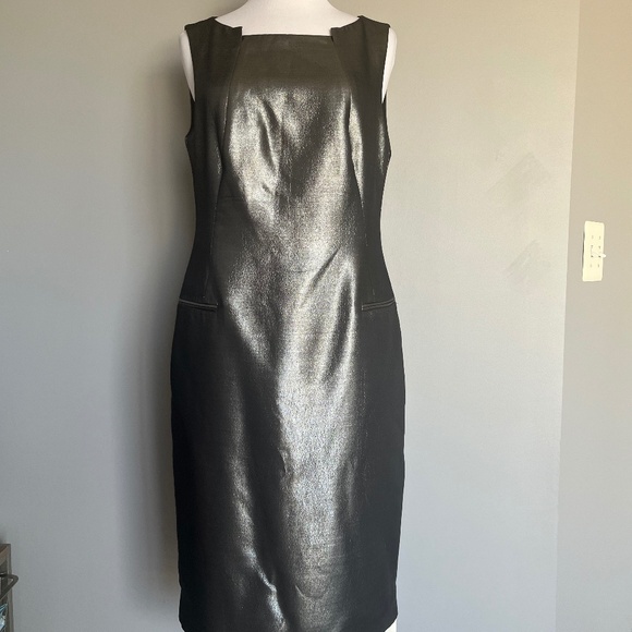 HUGO BOSS Dajena1 Silver Shimmer Cocktail Silk Sheath Pencil Sleeveles Dress - Picture 2 of 15